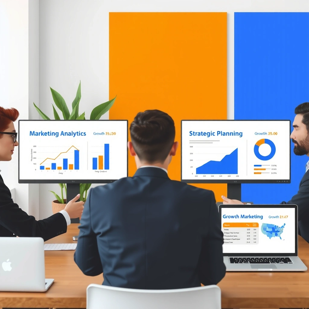 Professional marketing consultation meeting with analytics charts and growth projections